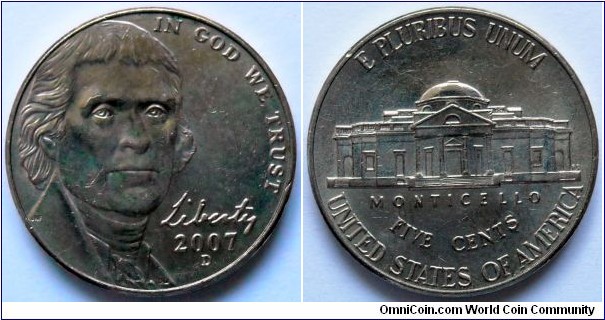 5 cents.
2007 (D)
All new US Jefferson 5 ct. coins in my collection are thanks to the Johnny 1328