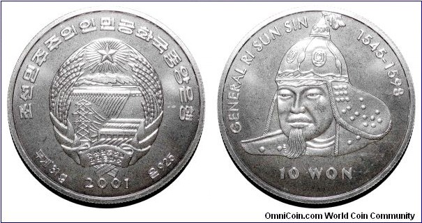 NORTH KOREA~10 Won 2001. Admiral: Yi Sun Sin 1545-1598.