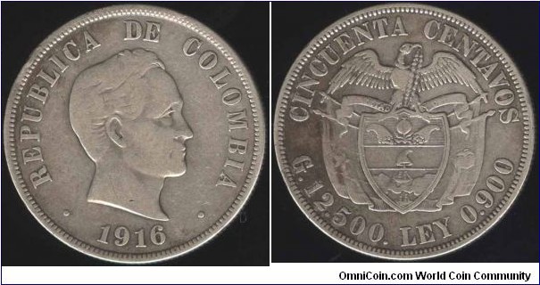 COLOMBIA 1916- SILVER 0.900 12.500 GRAM-30MMM-FOR SALE -CAT 134-4-SOLD