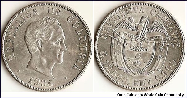 COLOMBIA 50 CENTAVOS 1934-SILVER 0.900 FOR SALE CAT 133-4 SOLD