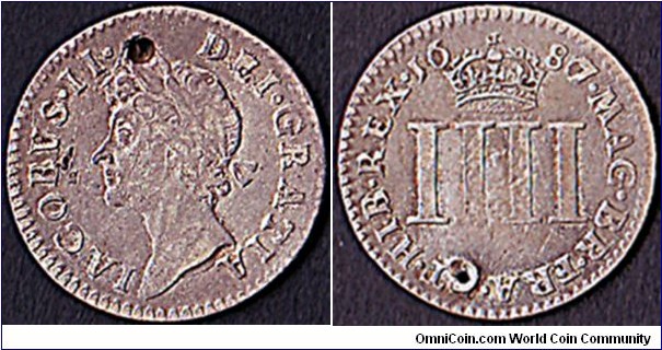 England 1687 Maundy 4 Pence.

King James II's coins are very difficult to find.
