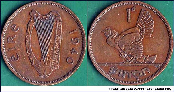 Ireland 1940 1 Penny.

The first 1d. struck for the Dominion of Ireland (1937-49).

A scarce coin.