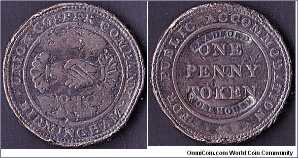 Bradford Workhouse 1812 1 Penny.

Counterstamped Union Copper Company 1d.
