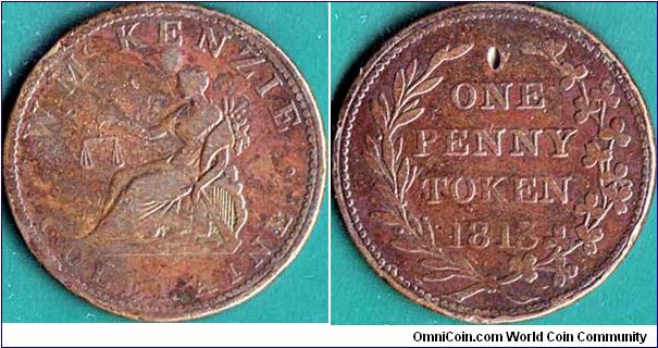 Coleraine 1813 1 Penny.

W. McKenzie.

This was the first currency token from Ulster (Northern Ireland) added into my collection.