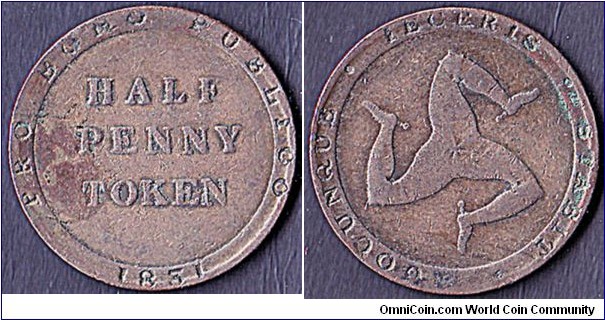 Ramsey 1831 1/2 Penny.

William Callister (1808-72) who was both a timber merchant & a Member of the House of Keys.