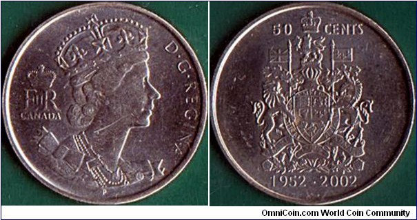 Canada 2002 P 50 Cents.

Golden Jubilee of Queen Elizabeth II.

The 'P' on Canadian coins is a plating mark,not a mintmark.