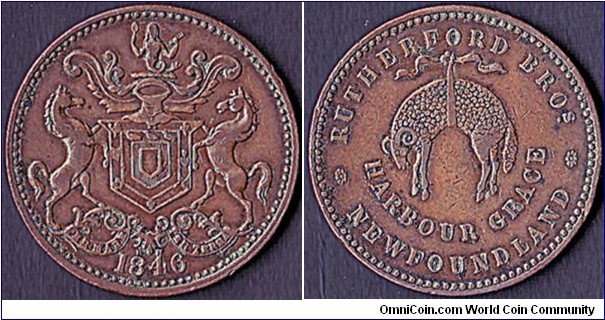 Harbour Grace (Newfoundland) 1846RH 1/2 Penny.

Rutherford Brothers.

This is the only time that an 'RH' mintmark was used by Heaton's Mint in Birmingham,England.