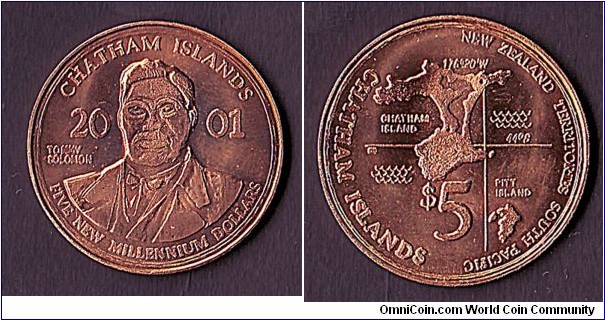 Chatham Islands 2001 5 Dollars.

200 coins reportedly struck - very rare!

Unlisted in Krause's 'Unusual World Coins'.