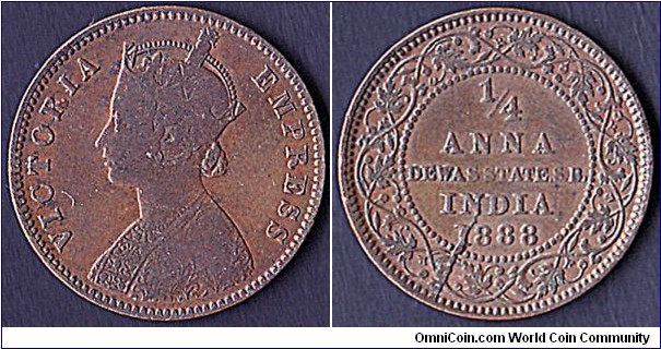 Dewas Senior Branch 1888 1/4 Anna.

A scarce coin!