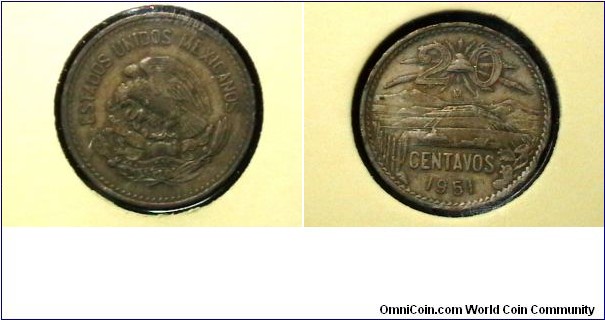 Mexico 1951 20 Centavos Km# 439 