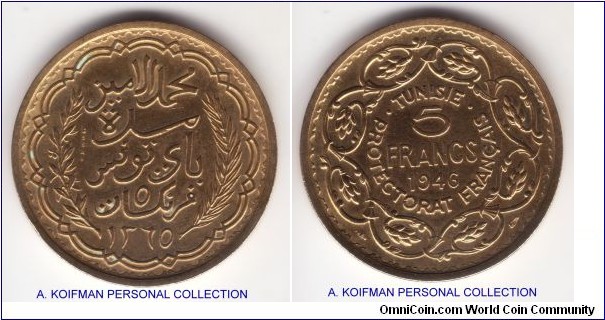 KM-E27, 1946 Tunisia 5 francs, Paris mint essai; aluminum-bronze, plain edge; interesting piece, may have been cleaned, not sure, small rim bump on obverse, mintage 1,100;