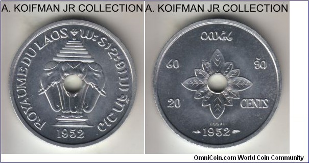 KM-E2, 1952 Laos 20 cents essai, Paris mint; aluminum, plain edge; Sisavan Vong, brilliant uncirculated specimen, mintage 1,200.