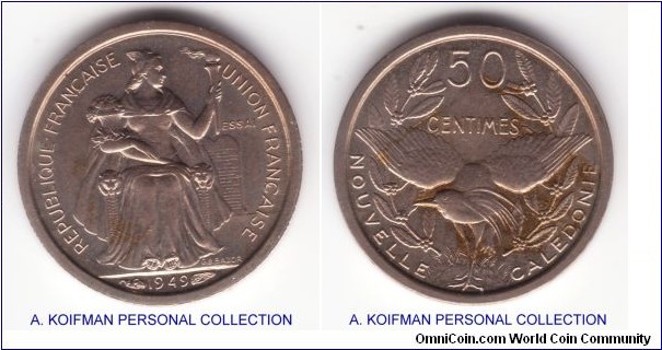 KM-E7, 1949 New Caledonia 50 centimes essai; copper-nickel, plain edge, raised rim; a bit dirty on reverse, but otherwise very nice specimen, mintage 2,000