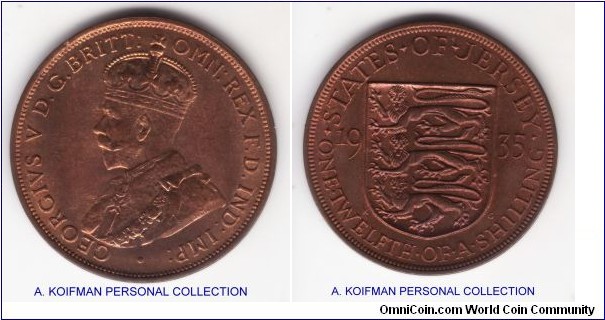 KM-6, 1935 Jersey 1/12'th of a shilling; bronze, plain edge; red obverse, red brown reverse, nice looking uncirculated specimen.