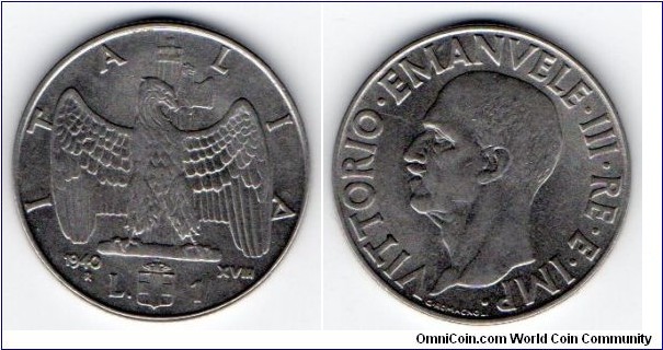 1 Lira
Eagle on fasces, Savoy Coat of arms below
Victor Emanuele III 
Non magnetic
Modellist: Giuseppe Romagnoli
Engraver: Pietro Giampaoli
