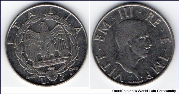 2 Lira
Eagle on fasces within laurel wreath, Savoy Coat of arms below
Victor Emanuele III 
Non magnetic