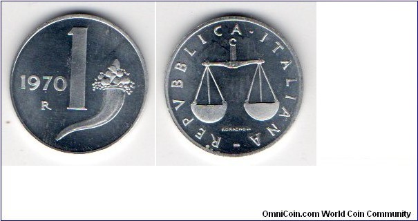 1 Lira 
cornucopia
Scales symbol of justice
Alluminium
Engraver: Pietro Giampaoli
Modellist: Giuseppe Romagnoli