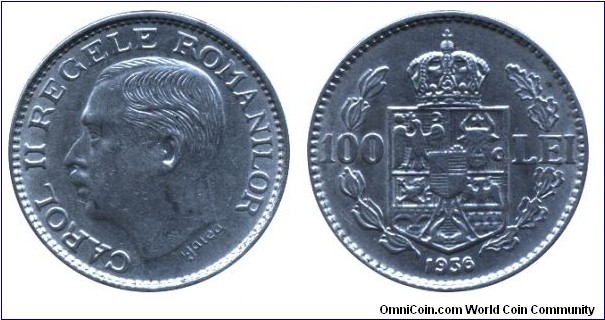 Roamnia, 100 lei, 1936, Ni, 27mm, 8.2g, King Charles II.