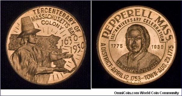 Massachusetts Bay Tercentenary token from Pepperell, MA.