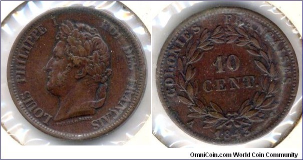 10 CENT., Louis Philippe I, French Colonies, 1843A.