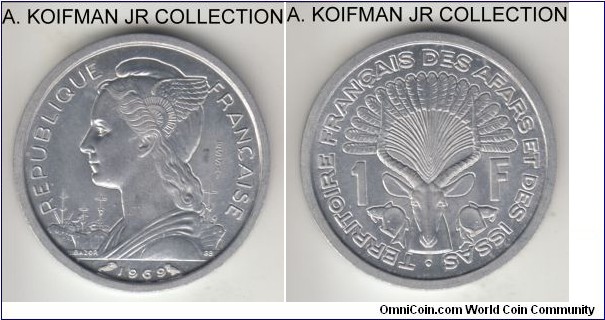 FF69B
KM-E4, 1969 French Afars and Issas franc essai; aluminum, plain edge; Modern French colonial mintage, 1,700 pieces minted.
