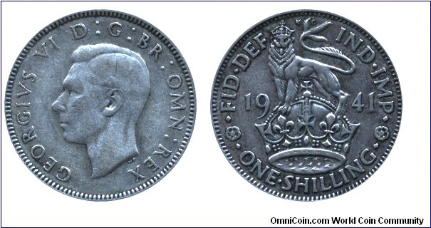 United Kingdom, 1 shilling, 1941, Ag, 23.5mm, 5.66g, 50% silver, King George VI.