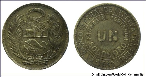 Peru, 1 sol, 1945, Brass, 33mm, 14.53g.