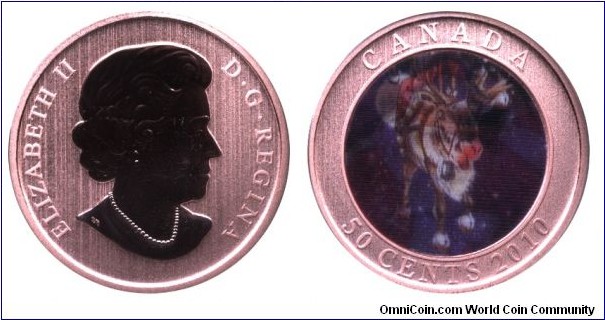 Canada, 50 cents, 2010, Cu-Steel, 35mm, 12.51g, colored, Santa and the Red-nosed Reindeer, Queen Elizabeth II.
