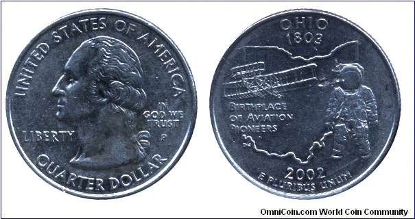 USA, 1/4 dollar, 2002, Cu-Ni, 24.26mm, 5.67g, MM: P (Pennsylvania), Ohio - 1803, Birthplace of Aviation Pioneers, George Washington.
