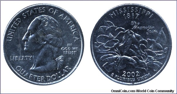 USA, 1/4 dollar, 2002, Cu-Ni, 24.26mm, 5.67g, MM: D (Denver), Mississippi - 1817, The Magnolia State, George Washington.