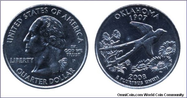 USA, 1/4 dollar, 2008, Cu-Ni, 24.26mm, 5.67g, MM: P, Oklahoma - 1907, George Washington.