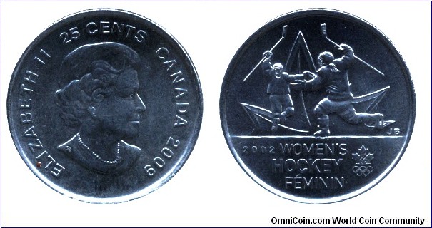 Canada, 25 cents, 2009, Women's Hockey, 2002, Queen Elizabeth II.