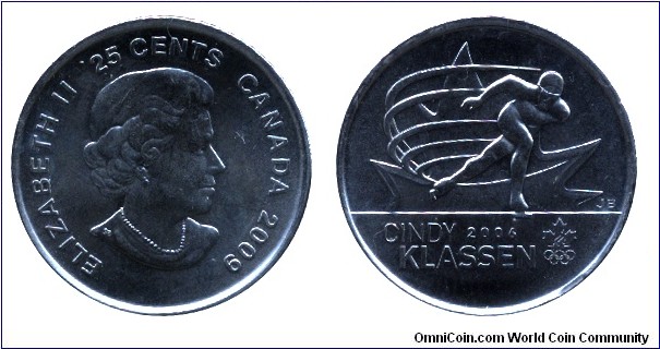 Canada, 25 cents, 2009, Cindy Klassen, 2006, Queen Elizabeth II.