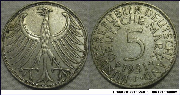 1951 F 5 mark coin silver, mid grade