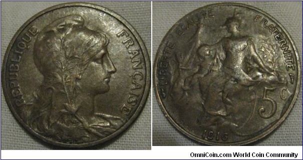 1916 5 centimes EF, bright no lustre