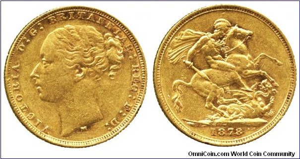 Victoria (1837-1901), Sovereign, 1878-M, Melbourne, Young Head type, rev St. George. Good very fine.