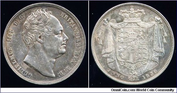 William IV, Halfcrown, Plain bust with script W.W., dies ↑↓. Obv: with GULIELMUS IIII D:G:BRITANNIAR:REX F:D: legend. Rev: shield on mantle with ANNO. Spink# 3834; ESC 660.