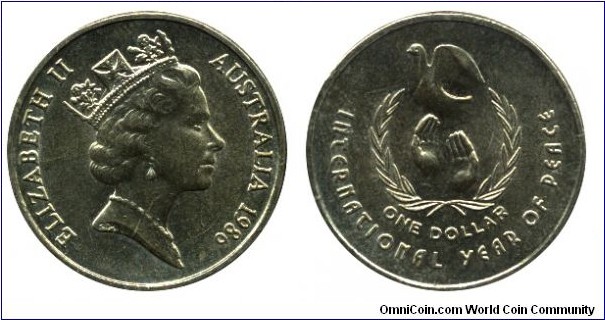 Australia, 1 dollar, 1986, Ni-Al-Cu, 25mm, 9g, International Year of Peace, Queen Elizabeth II.