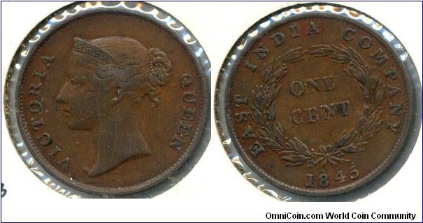 ONE CENT, Straits Settlements, 1845.