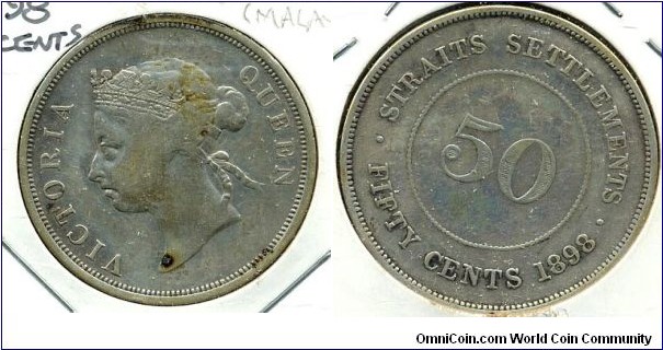 50 CENTS, Straits Settlements, 1898.