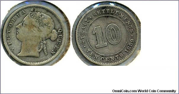 10 CENTS, Straits Settlements, 1889.