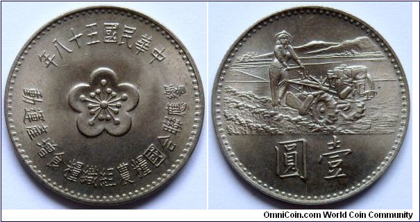 1 yuan.
1969, F.A.O. issue.
Metal; Cu-Zinc-Ni.
Weight; 6g
Diameter; 25mm
Mintage; 10.000.000 units.