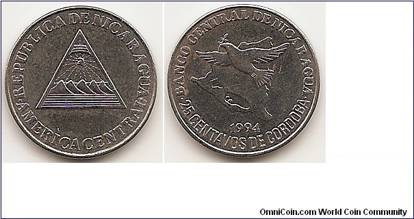25 Centavos
KM#82
Chromium Plated Steel   Obv: National emblem Rev: Bird flying above map Note: Coin rotation.