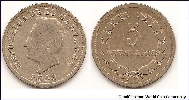 5 Centavos
KM#134a
5.0000 g., Nickel-Silver, 23 mm.   Obv: Head of Francisco Morazan left, date below Rev: Denomination within wreath