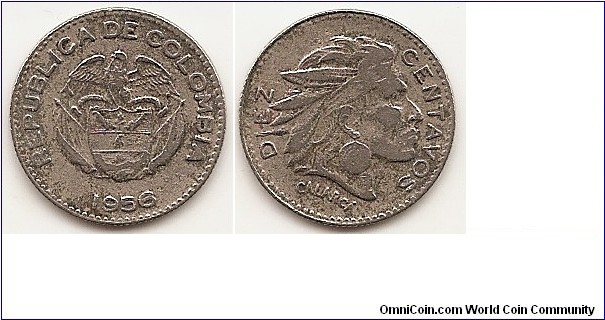 10 Centavos
KM#212.2
2.3300 g., Copper-Nickel, 18.5 mm.   Obv : Arms above date Rev: Head of Chief Calarca right divides denomination Mint: Bogota