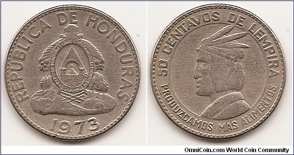 50 Centavos
KM#82
5.7000 g., Copper-Nickel, 24 mm.   Series: F.A.O. Obv: National arms Rev: Chief Lempira left within circle