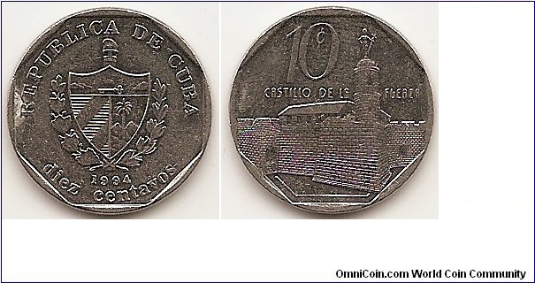 10 Centavos
KM#576.1
Nickel-Bonded Steel, 20 mm.   Obv: National arms within wreath, denomination and date below Rev: Castillo de la Fuerza, denomination above Note: Medal alignment.