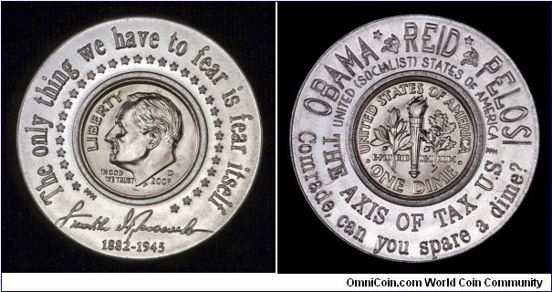 Satirical encased dime.