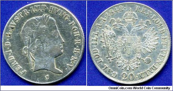 20 kreuzer.
Austrian Empire.
Ferdinand I (1835-1848).
With abbreviated name in the legend on the obverse *FERD.I.D.G.*.
*C* - Prague mint.
Mintage 664,000 units.


Ag583f. 6,68gr.