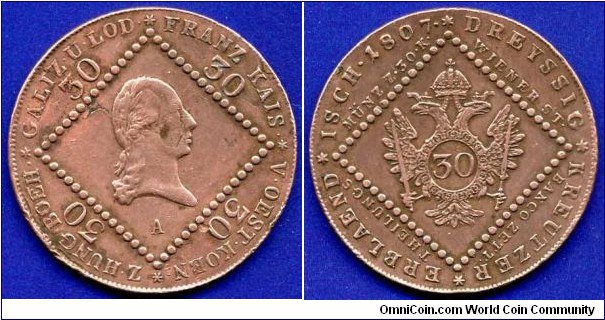 30 kreuzer bank token.
Austrian Empire.
Francisc I (1805-1835).
*A* - Wien mint.
Ø - 38mm. 17,5gr.


Cu.